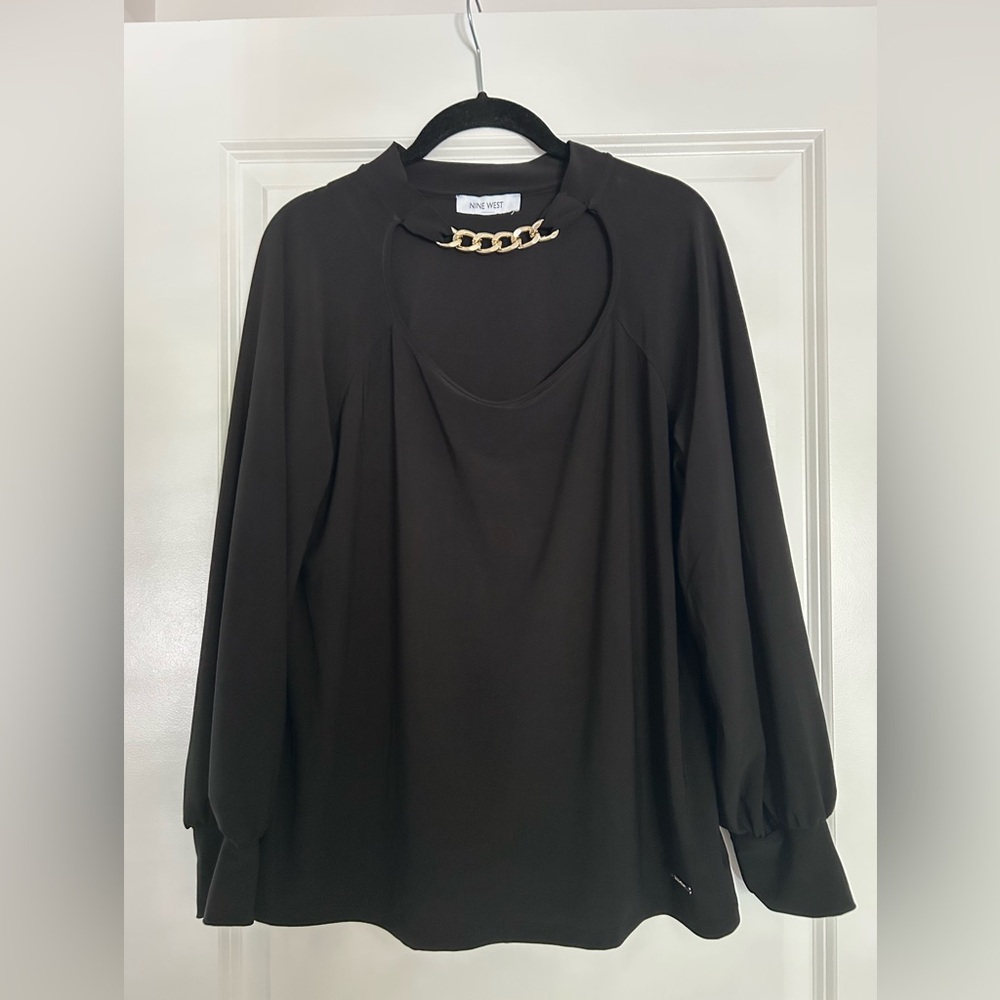Nine West Black Blouse with Gold Chain Accent